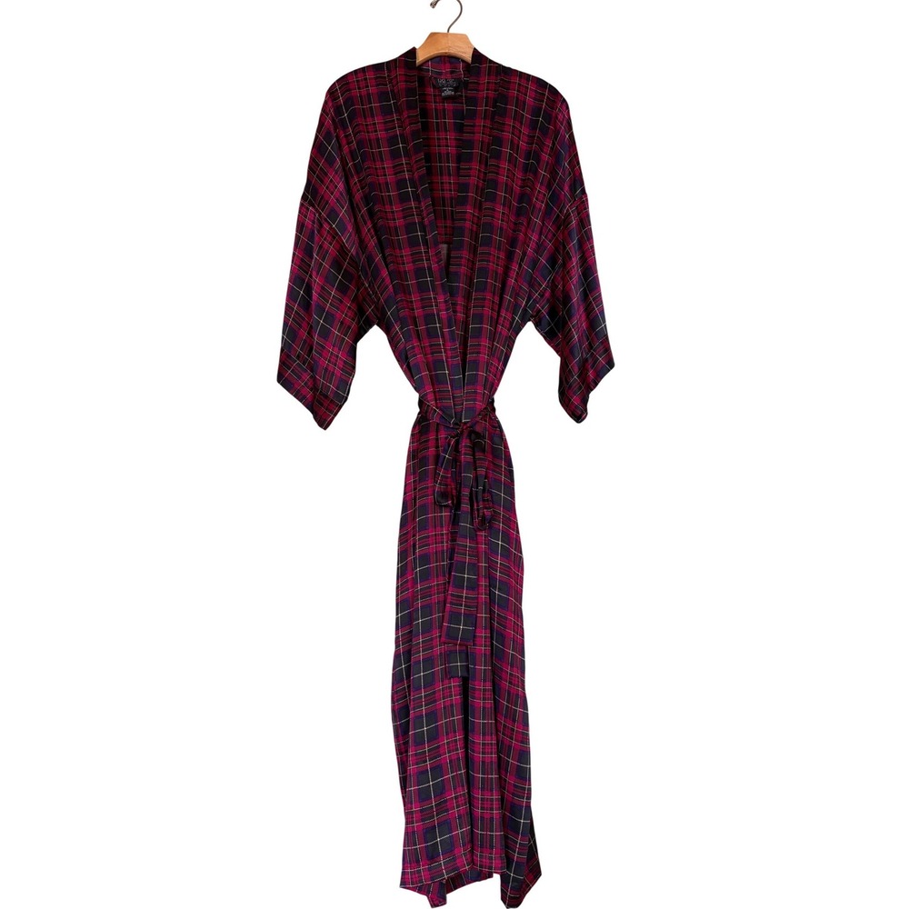 Vintage Morgan Taylor Pure Silk Robe Medium Red Tartan Plaid Long Kimono sleeve